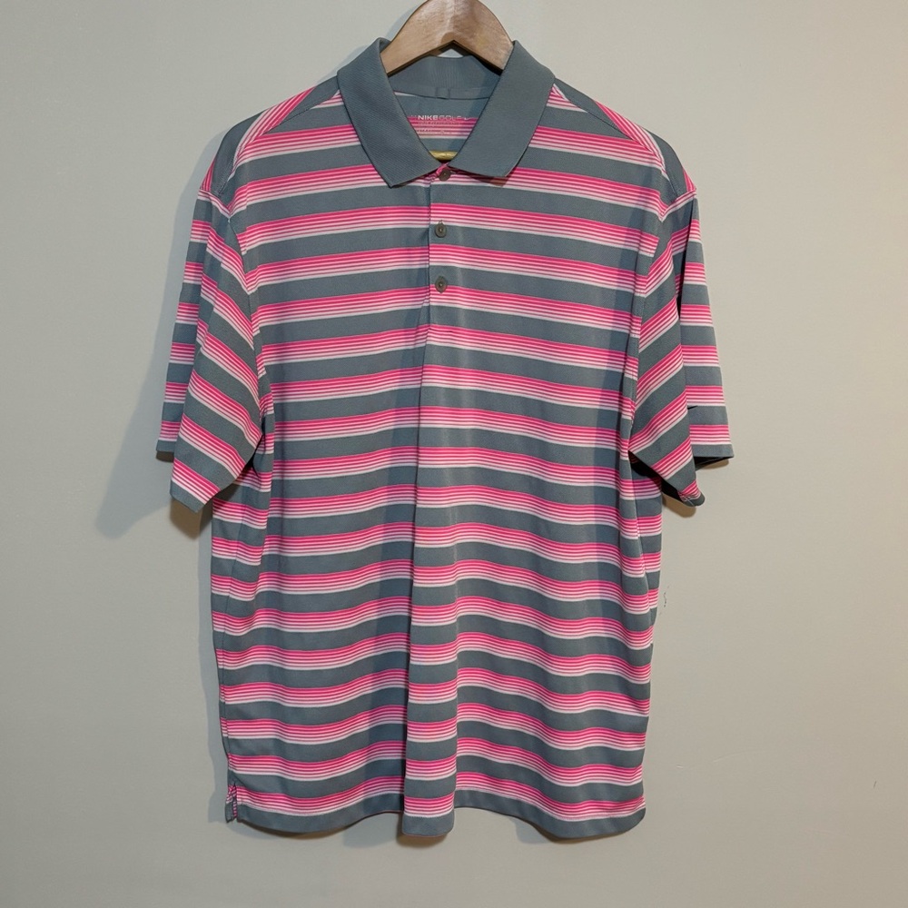 Nike Golf Gray & Pink Stripped Polo Shirt | Mens Size XL